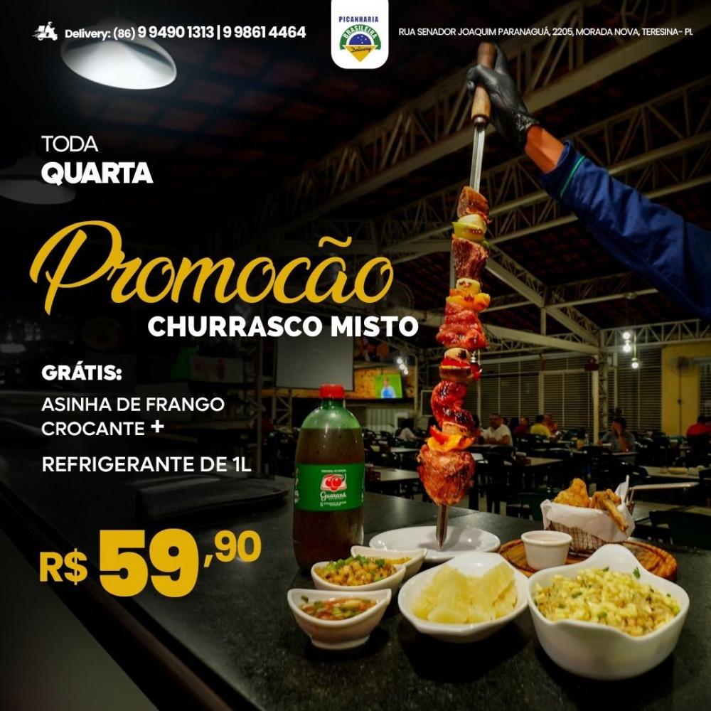 CHURRASCO MISTO 500G RF, DE 89,90 POR 59,90, GRATIS GUARANA 1L + ASINHA DE FRANGO CROCANTE